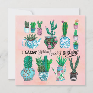 Cute cactus pink & green plant lover birthday  card