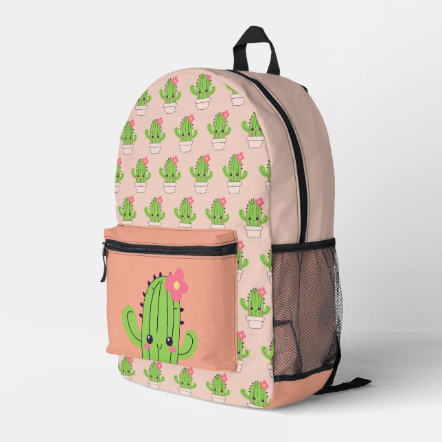 Cute Cactus Pink Peach Printed Backpack (Back Corner Right)