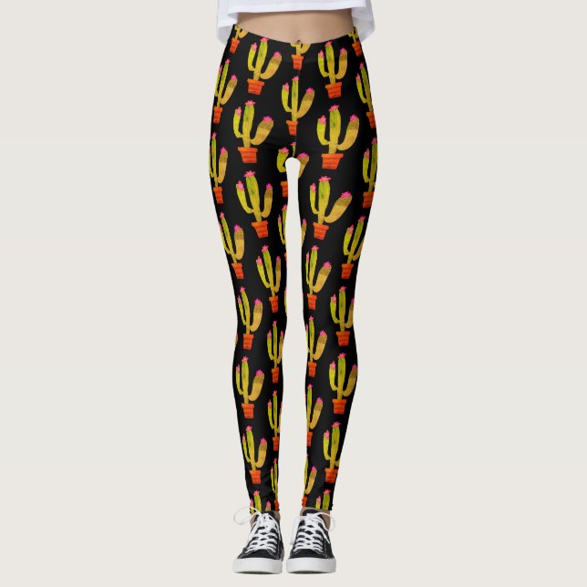 Cute cactus plant in pot drawing all over print  leggings (Front)