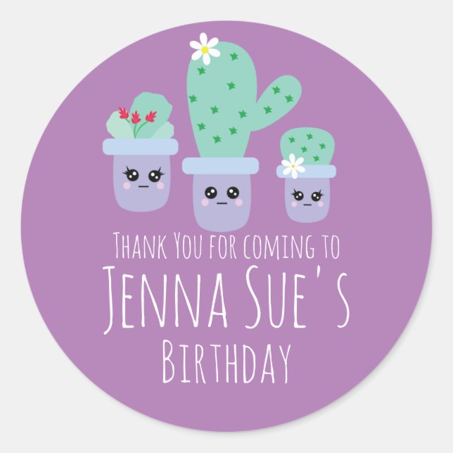 Cute Cactus Potted Plant Birthday  Thank You Classic Round Sticker (Front)