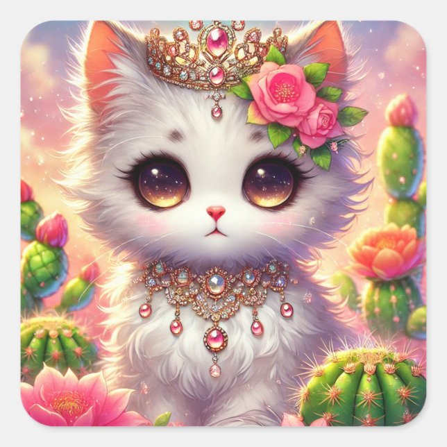 Cute Cactus Princess Cat Square Sticker (Front)