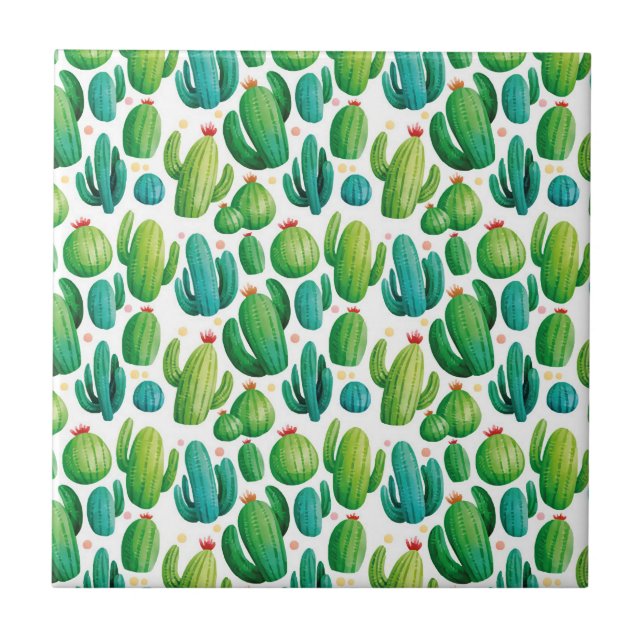 Cute Cactus Seamless Pattern Ceramic Tile (Front)