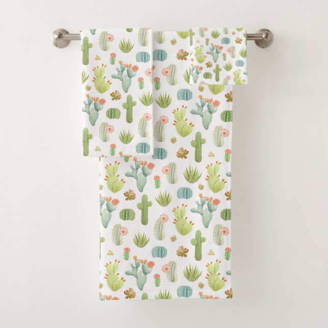 Cute Cactus Standing Pattern Bath Towel Set (Insitu)