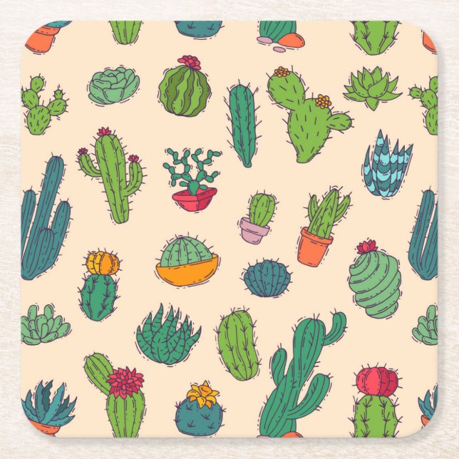 Cute Cactus Standing Pattern Square Paper Coaster (Front)