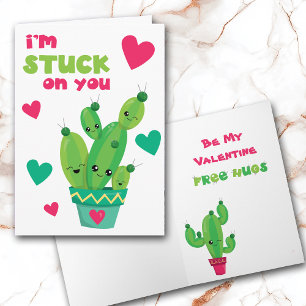 Cute Cactus Stuck on You Kids Valentine Card