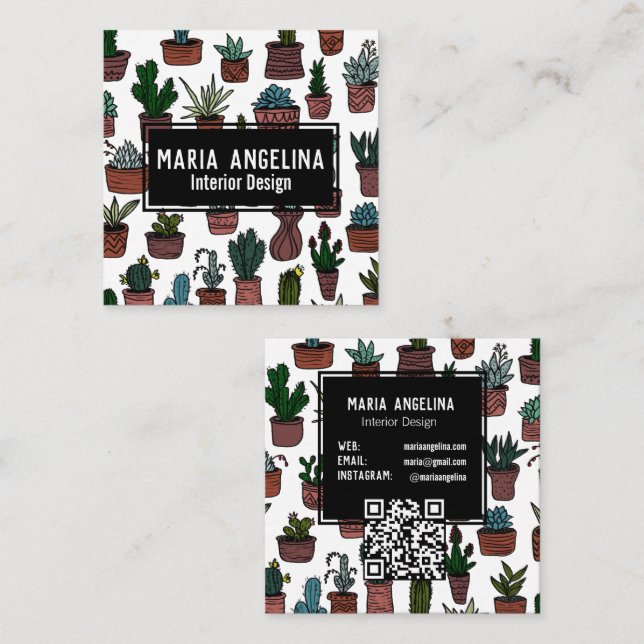 Cute Cactus Succulents Boho Doodle QR Code CUSTOM Square Business Card (Front/Back)