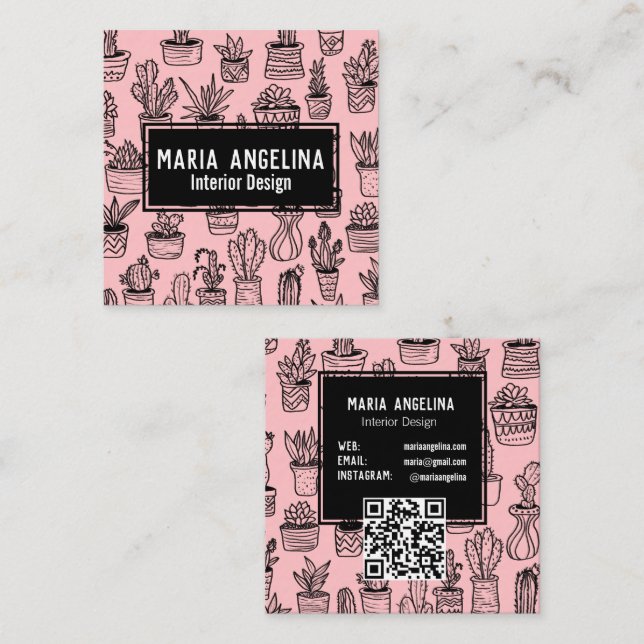 Cute Cactus & Succulents Boho Doodle QR Code Pink Square Business Card (Front/Back)