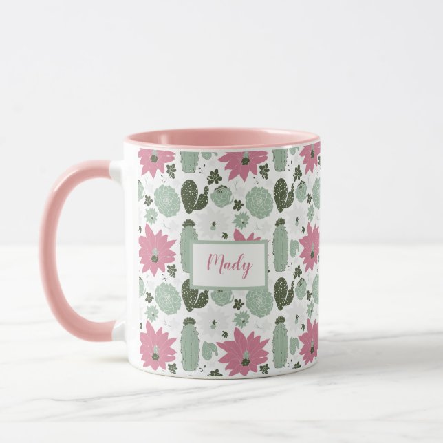 Cute Cactus Succulents Pattern With Name Mug (Left)