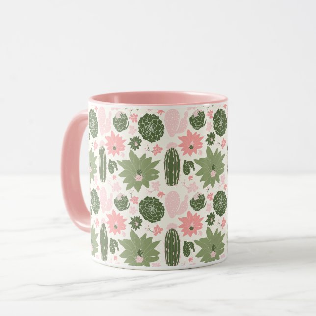 Cute Cactus Succulents Pink Green Pattern Mug (Front Left)