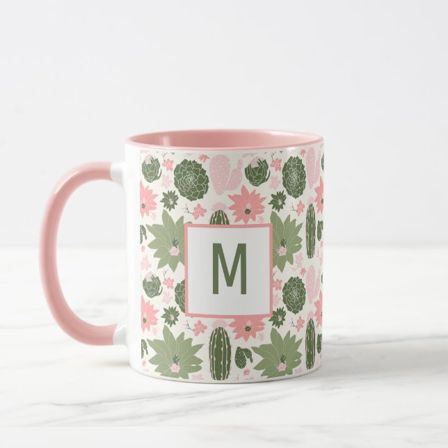 Cute Cactus Succulents Pink Green With Monogram Mug (Left)