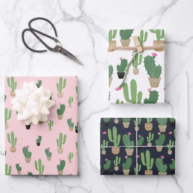 Cute Cactus Summer Blush Wrapping Paper Sheets (Front)