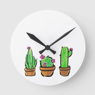 Cute Cactus Trio Illustration Round Clock