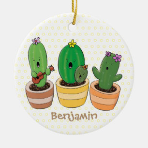Cute cactus trio singing cartoon illustration ceramic ornament