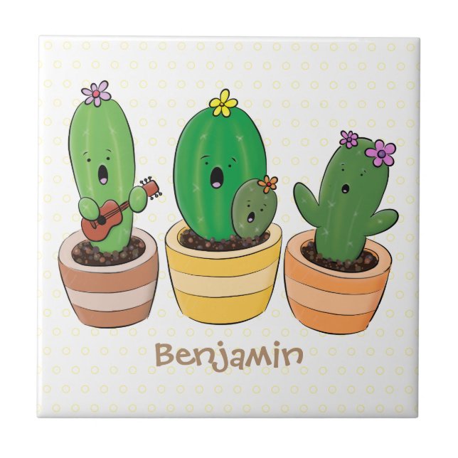 Cute cactus trio singing cartoon illustration ceramic tile (Front)