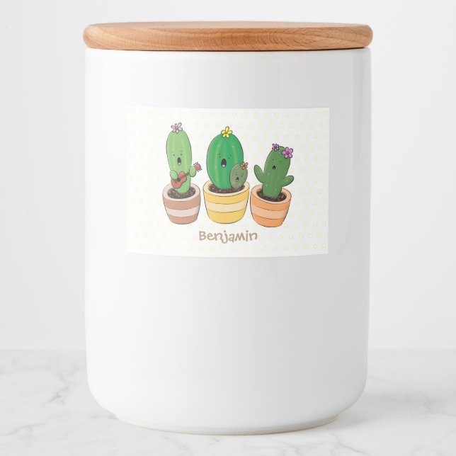 Cute cactus trio singing cartoon illustration food label (Front)