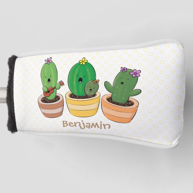 Cute cactus trio singing cartoon illustration golf head cover (Front)