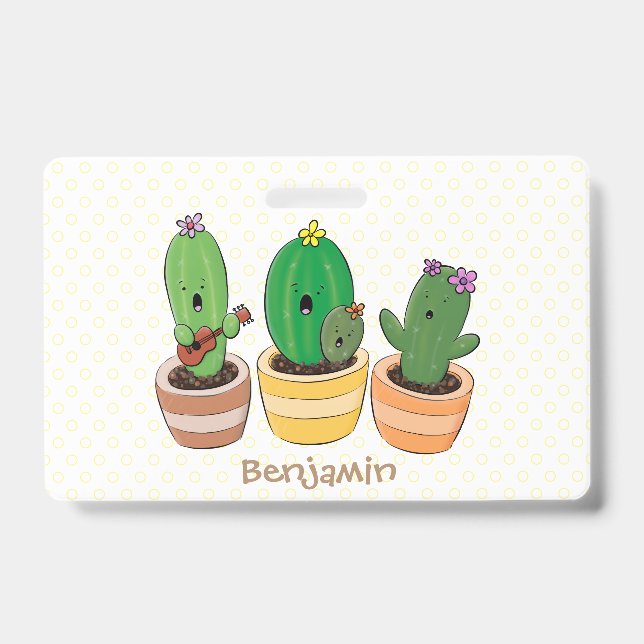 Cute cactus trio singing cartoon illustration ID badge (Front)