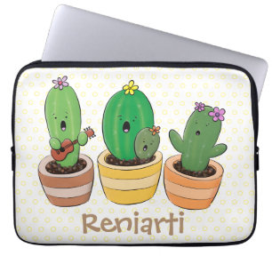 Cute cactus trio singing cartoon illustration laptop sleeve