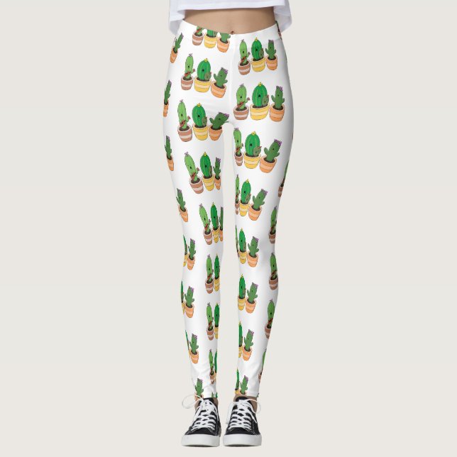 Cute cactus trio singing cartoon illustration leggings (Front)