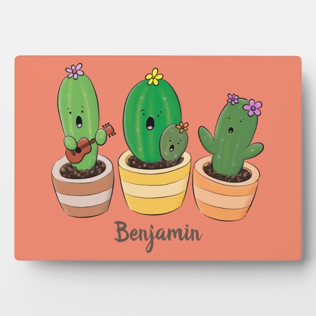 Cute cactus trio singing cartoon illustration plaque (Front)