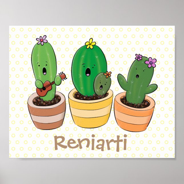 Cute cactus trio singing cartoon illustration poster (Front)