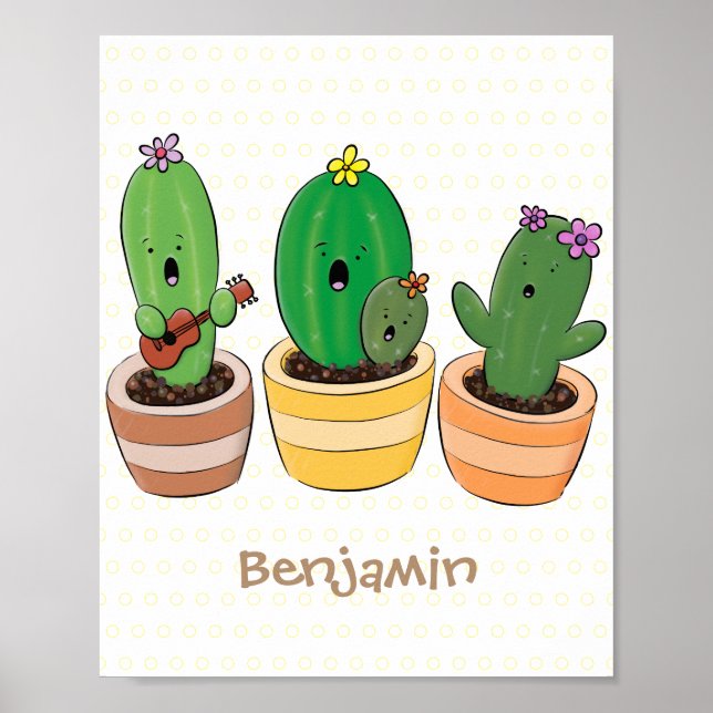 Cute cactus trio singing cartoon illustration poster (Front)