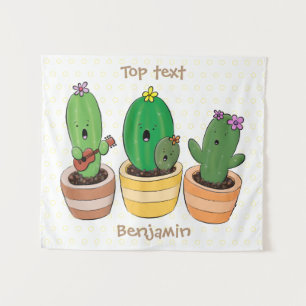 Cute cactus trio singing cartoon illustration tapestry
