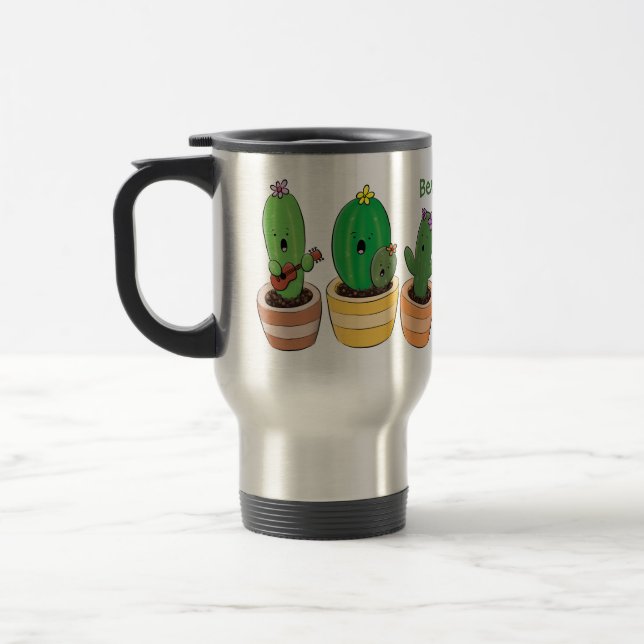 Cute cactus trio singing cartoon illustration travel mug (Left)