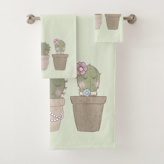 Cute Cactus Trio Wearing Jewellery Bath Towel Set (Insitu)