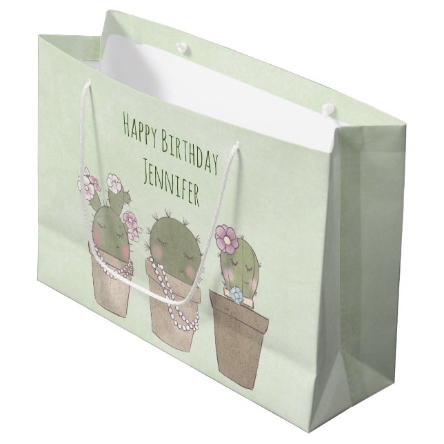 Cute Cactus Trio Wearing Jewellery Birthday Large Gift Bag (Front Angled)