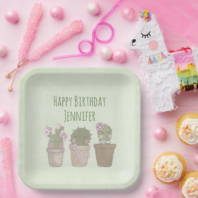 Cute Cactus Trio Wearing Jewellery Birthday Paper Plate (Party)