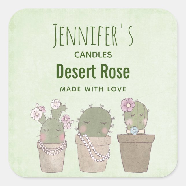 Cute Cactus Trio Wearing Jewellery Candle Business Square Sticker (Front)