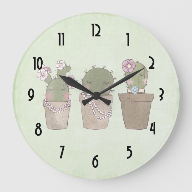 Cute Cactus Trio Wearing Jewellery Large Clock (Front)