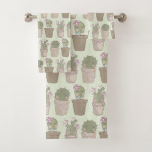 Cute Cactus Trio Wearing Jewellery Patterned Bath Towel Set