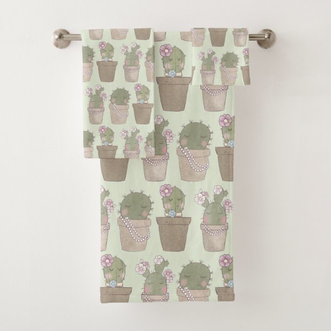 Cute Cactus Trio Wearing Jewellery Patterned Bath Towel Set (Insitu)