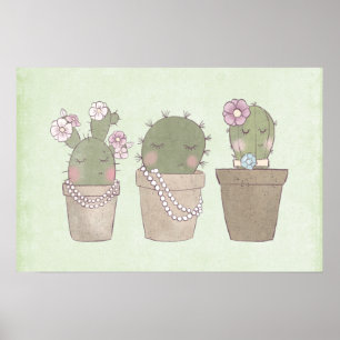 Cute Cactus Trio Wearing Jewellery Poster