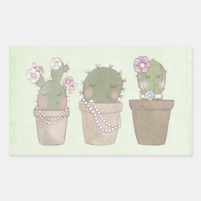 Cute Cactus Trio Wearing Jewellery Rectangular Sticker (Front)