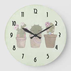 Cute Cactus Trio Wearing Jewelry Large Clock