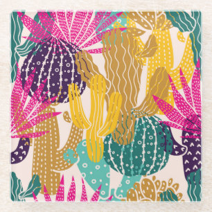 Cute Cactus Vintage Seamless Illustration. Glass Coaster