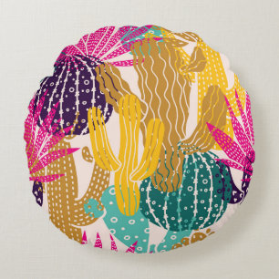 Cute Cactus Vintage Seamless Illustration. Round Cushion