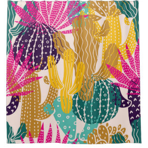 Cute Cactus Vintage Seamless Illustration. Shower Curtain