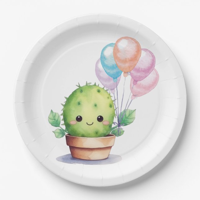 Cute Cactus with Birthday Balloons Paper Plate (Front)