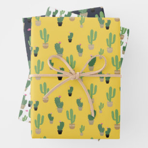 Cute Cactus Yellow Blue Pattern Wrapping Wrapping Paper Sheet