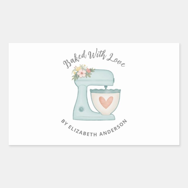 Cute Cake Mixer Baked With Love Rectangular Sticke Rectangular Sticker (Front)