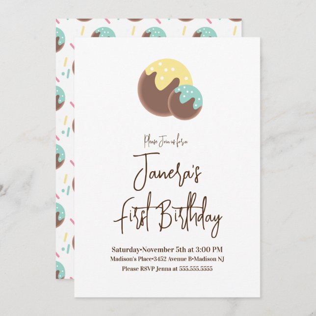 Cute Cake Pop Balls First Birthday Invitation (Front/Back)