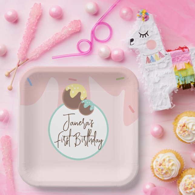 Cute Cakepop Balls First Birthday Frosting   Paper Plate (Party)