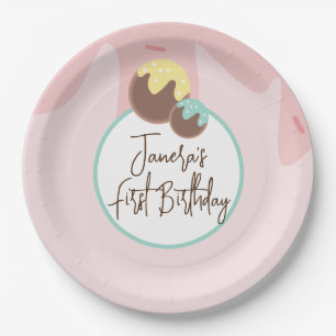 Cute Cakepop Balls First Birthday Frosting Paper Plate