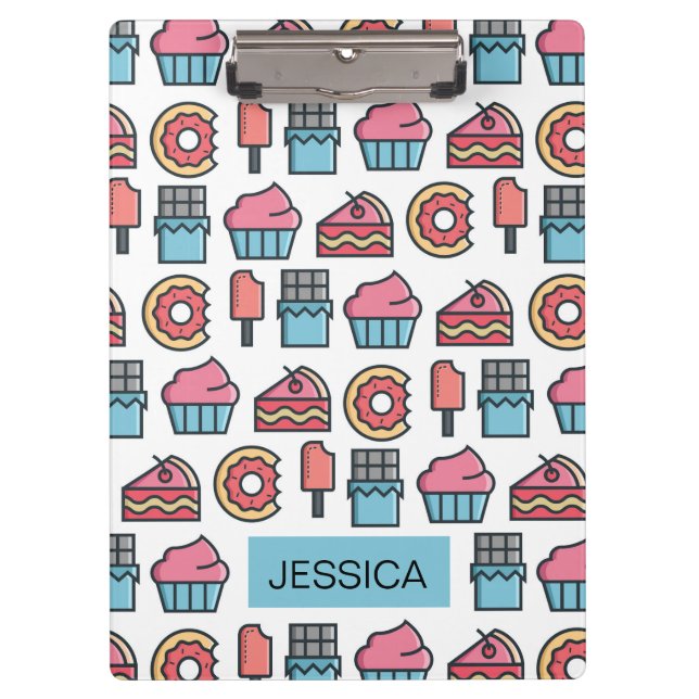 Cute Cakes and Desserts Pattern Personalised Clipboard (Front)