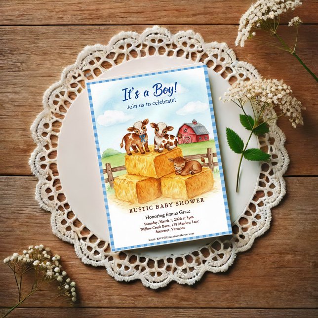 Cute Calf Baby Shower Gingham Hay Invitation Postcard (Creator Uploaded)