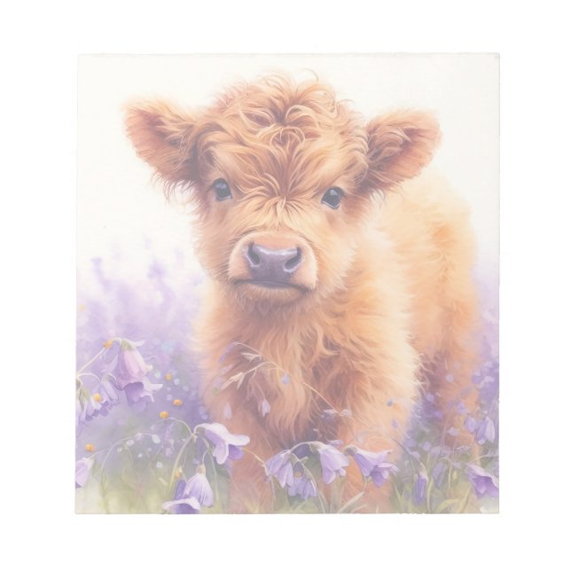 Cute Calf Highland Cow Purple Flowers Notepad (Front)